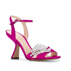 New in Box Nicholas Kirkwood Monstera Leaf-Embellished Satin Sandals Fuschia